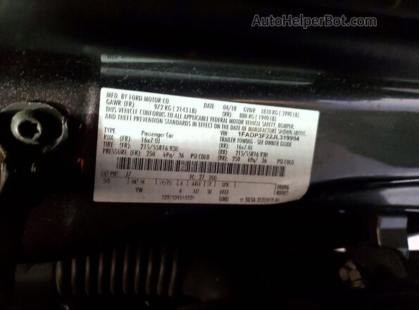 1FADP3F22JL319994 2018 FORD FOCUS Серый Вид наклейки с VIN-кодом