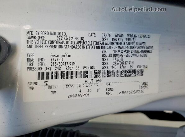 1FADP3F24GL406983 2016 FORD FOCUS White VIN კოდის სტიკერის ხედი