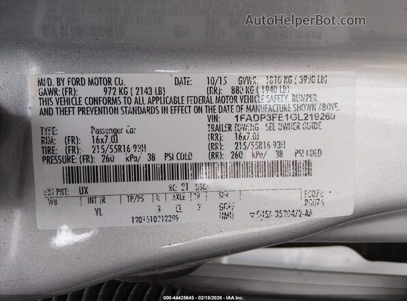 1FADP3FE1GL219260 2016 FORD FOCUS Silver ძრავის განყოფილების ხედი