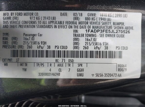 1FADP3FE5JL270526 2018 FORD FOCUS Серый Вид подкапотного пространства