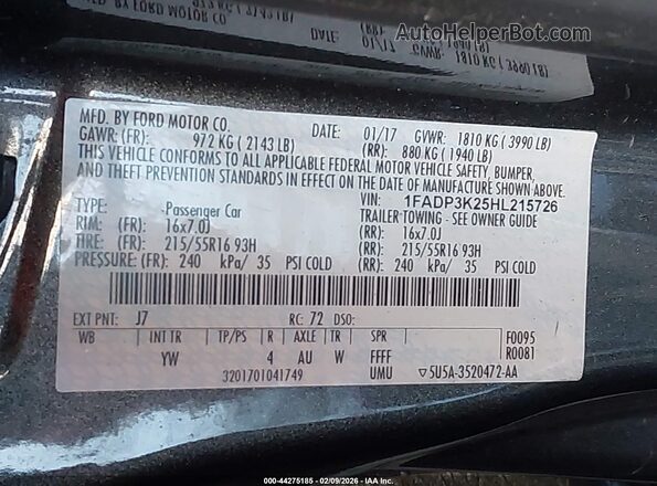 1FADP3K25HL215726 2017 FORD FOCUS Серый Вид подкапотного пространства