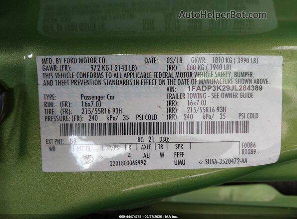 1FADP3K29JL284389 2018 FORD FOCUS Зеленый Вид подкапотного пространства