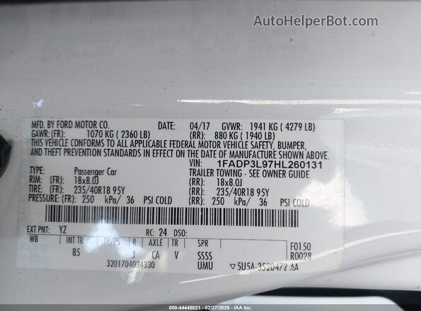 1FADP3L97HL260131 2017 FORD FOCUS ST Белый Вид подкапотного пространства
