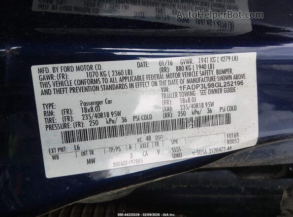 1FADP3L98GL252196 2016 FORD FOCUS ST Blue Vista del compartimento del motor