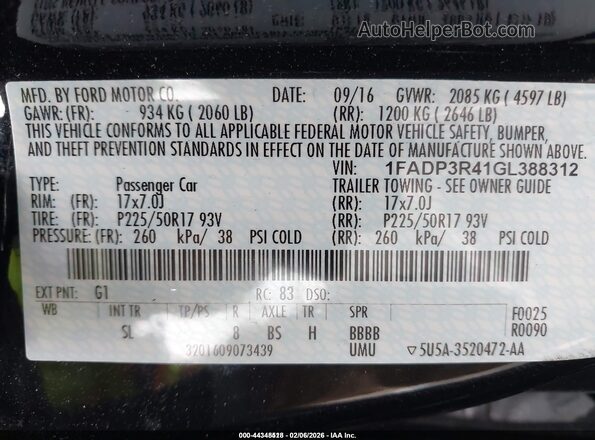 1FADP3R41GL388312 2016 FORD FOCUS ELECTRIC Black ძრავის განყოფილების ხედი