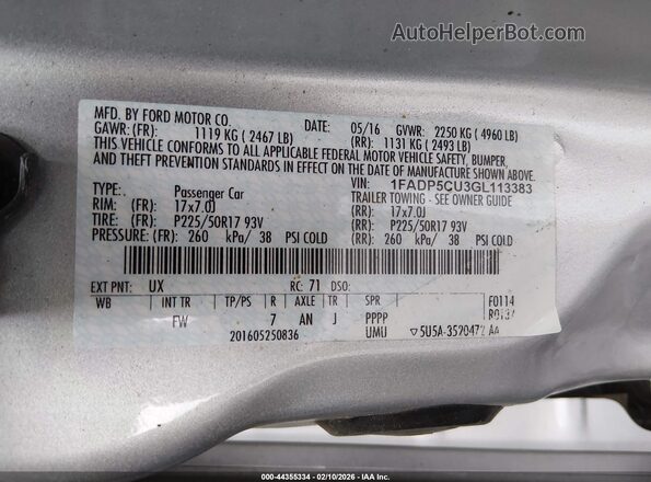 1FADP5CU3GL113383 2016 FORD C-MAX ENERGI Gray Widok komory silnika