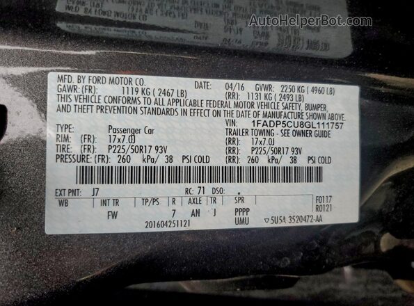 1FADP5CU8GL111757 2016 FORD C-MAX Угольный Вид наклейки с VIN-кодом