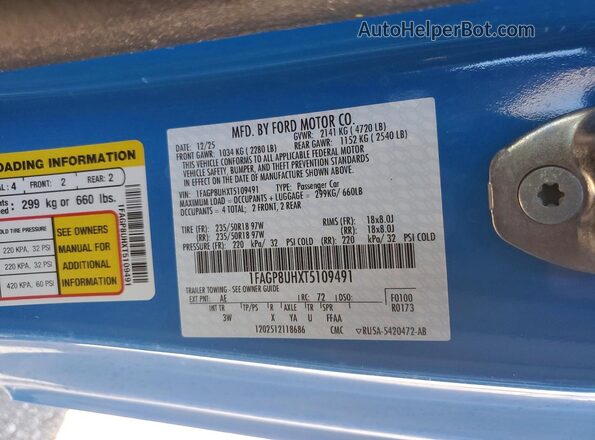 1FAGP8UHXT5109491 2026 FORD MUSTANG Blue Widok naklejki z numerem VIN
