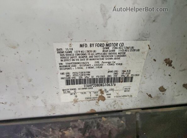 1FAHP2D80KG106376 2019 FORD TAURUS Белый Вид наклейки с VIN-кодом
