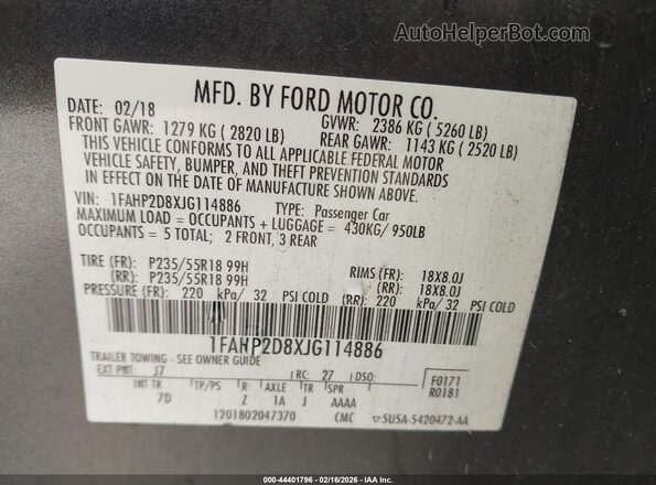 1FAHP2D8XJG114886 2018 FORD TAURUS Серый Вид подкапотного пространства