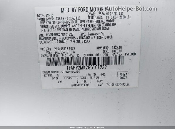 1FAHP2MK2GG101232 2016 FORD POLICE INTERCEPTOR White Widok komory silnika