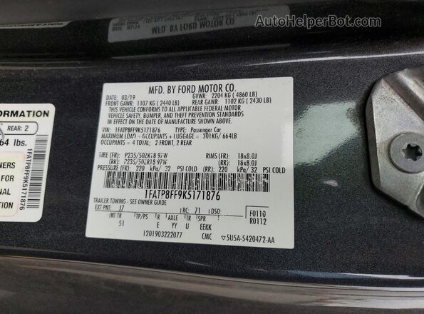 1FATP8FF9K5171876 2019 FORD MUSTANG Gray Widok komory silnika