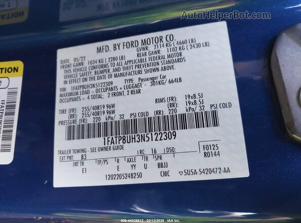 1FATP8UH3N5122309 2022 FORD MUSTANG Синий Вид подкапотного пространства