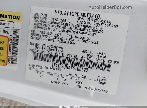 1FATP8UH6K5106522 2019 FORD MUSTANG Белый Вид подкапотного пространства