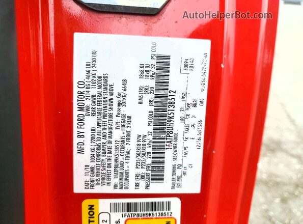 1FATP8UH9K5138512 2019 FORD MUSTANG Red ძრავის განყოფილების ხედი