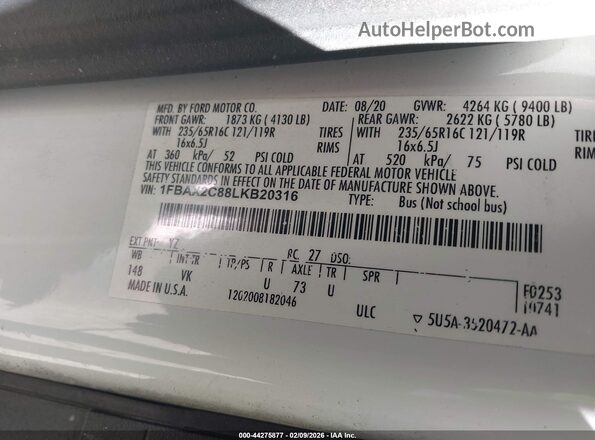 1FBAX2C88LKB20316 2020 FORD PASSENGER White Вид підкапотного простору