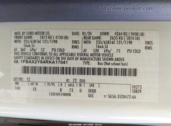 1FBAX2Y84RKA17041 2024 FORD PASSENGER Белый Вид подкапотного пространства