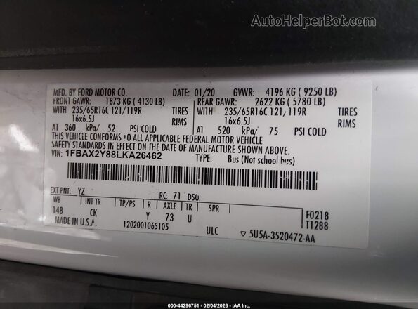 1FBAX2Y88LKA26462 2020 FORD PASSENGER White Widok komory silnika