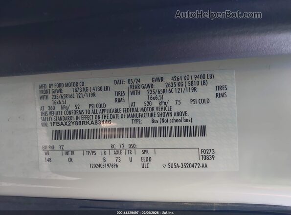 1FBAX2Y88RKA83446 2024 FORD PASSENGER Белый Вид подкапотного пространства