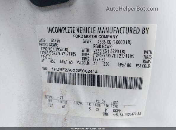 1FDBF2A6XGEC62414 2016 FORD F-250 White Widok komory silnika