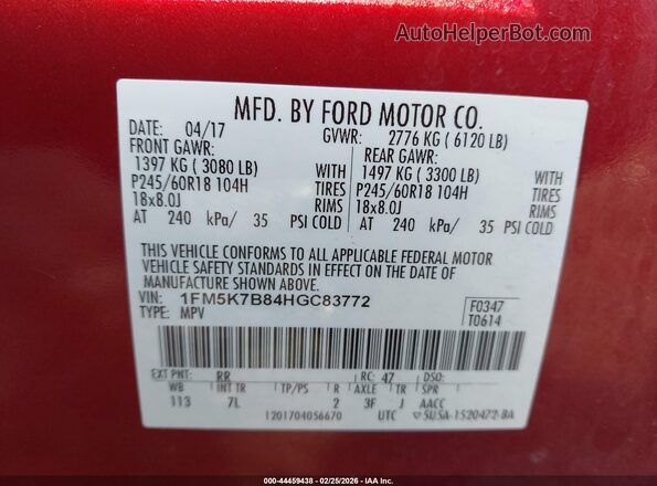 1FM5K7B84HGC83772 2017 FORD FORD EXPLORER Red ძრავის განყოფილების ხედი