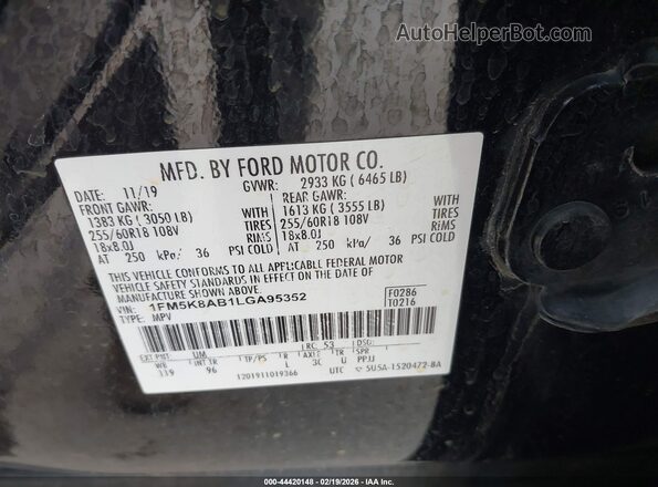 1FM5K8AB1LGA95352 2020 FORD POLICE INTERCEPTOR Black ძრავის განყოფილების ხედი