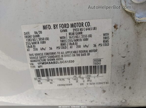 1FM5K8AB2LGC51530 2020 FORD POLICE INTERCEPTOR Белый Вид подкапотного пространства