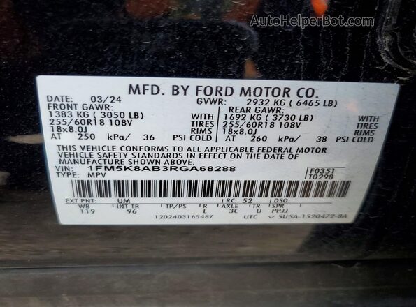 1FM5K8AB3RGA68288 2024 FORD FORD EXPLORER Черный Панорамный вид салона 360°