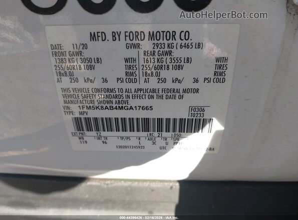 1FM5K8AB4MGA17665 2021 FORD POLICE INTERCEPTOR White Widok komory silnika