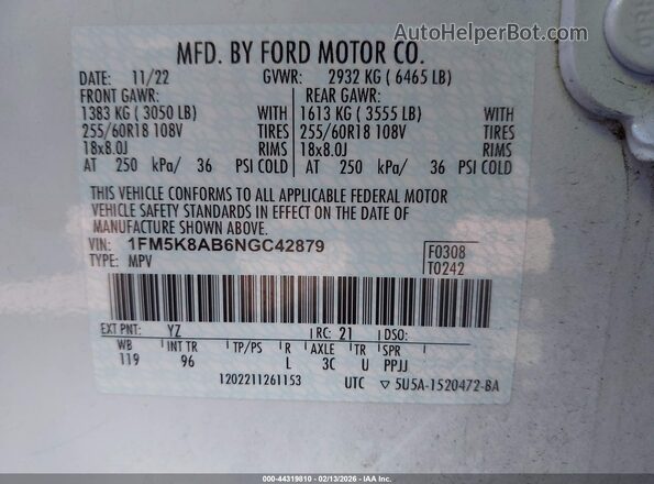 1FM5K8AB6NGC42879 2022 FORD POLICE INTERCEPTOR Белый Вид подкапотного пространства