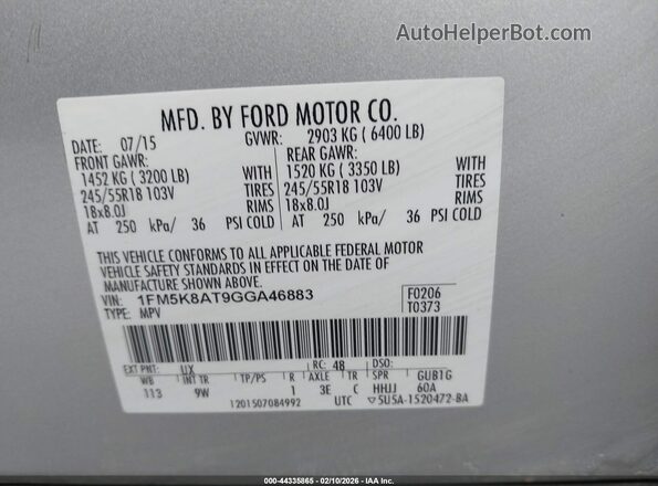 1FM5K8AT9GGA46883 2016 FORD UTILITY POLICE INTERCEPTOR Серый Вид подкапотного пространства