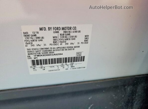 1FM5K8D86KGA82594 2019 FORD FORD EXPLORER Белый Вид наклейки с VIN-кодом
