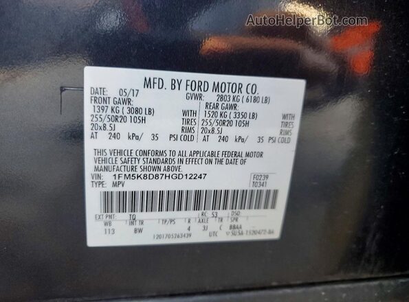 1FM5K8D87HGD12247 2017 FORD FORD EXPLORER Black Vista de la etiqueta del VIN