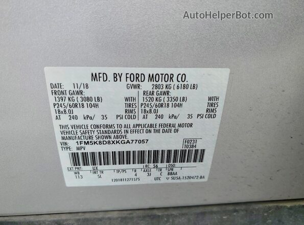 1FM5K8D8XKGA77057 2019 FORD FORD EXPLORER Silver Widok naklejki z numerem VIN