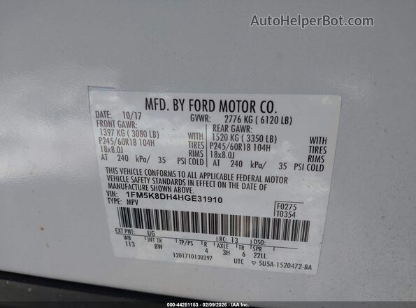 1FM5K8DH4HGE31910 2017 FORD FORD EXPLORER Белый Вид подкапотного пространства