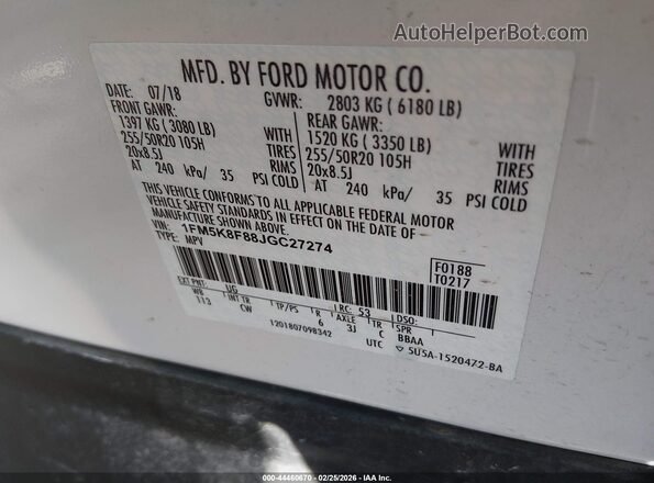 1FM5K8F88JGC27274 2018 FORD FORD EXPLORER Белый Вид подкапотного пространства