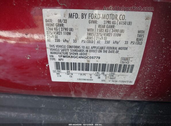1FM5K8GC4NGC05779 2022 FORD FORD EXPLORER Red Widok komory silnika