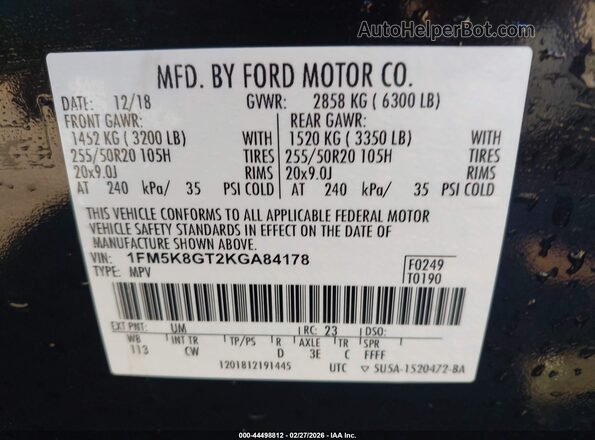 1FM5K8GT2KGA84178 2019 FORD FORD EXPLORER Черный Вид подкапотного пространства