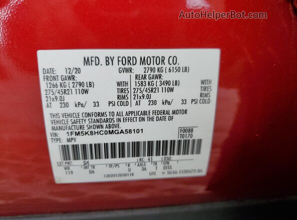 1FM5K8HC0MGA58101 2021 FORD FORD EXPLORER Red Панорамний вид салону 360°