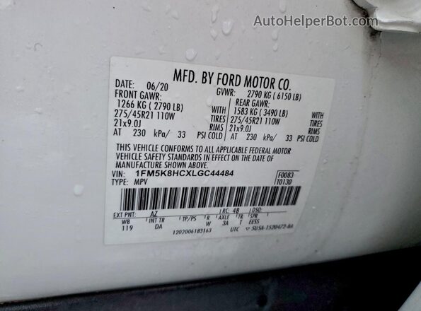 1FM5K8HCXLGC44484 2020 FORD FORD EXPLORER White Вид наклейки з VIN-кодом
