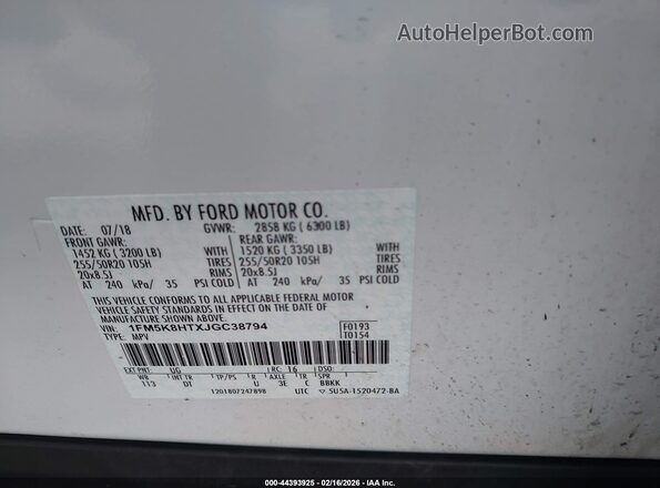 1FM5K8HTXJGC38794 2018 FORD FORD EXPLORER Белый Вид подкапотного пространства