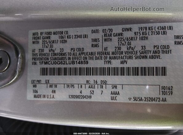 1FMCU0G62LUB14859 2020 FORD ESCAPE White Widok komory silnika