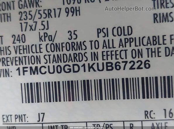1FMCU0GD1KUB67226 2019 FORD ESCAPE Gray Widok komory silnika