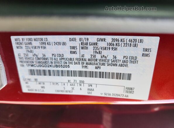 1FMCU0GD2KUB05205 2019 FORD ESCAPE Red VIN կոդի պիտակի տեսք