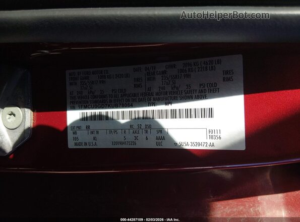 1FMCU0GD7KUB78084 2019 FORD ESCAPE Red ძრავის განყოფილების ხედი