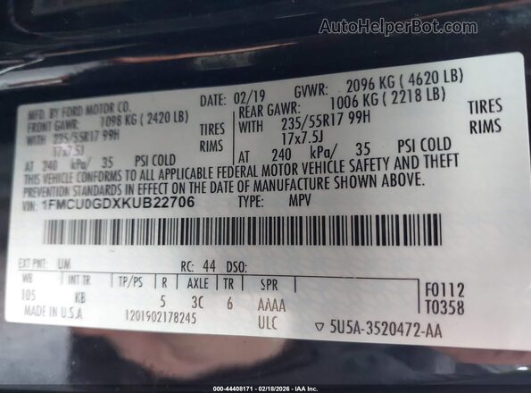 1FMCU0GDXKUB22706 2019 FORD ESCAPE Black Widok komory silnika