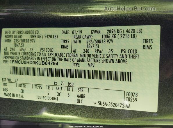 1FMCU0HD0KUB04794 2019 FORD ESCAPE Gray Widok komory silnika
