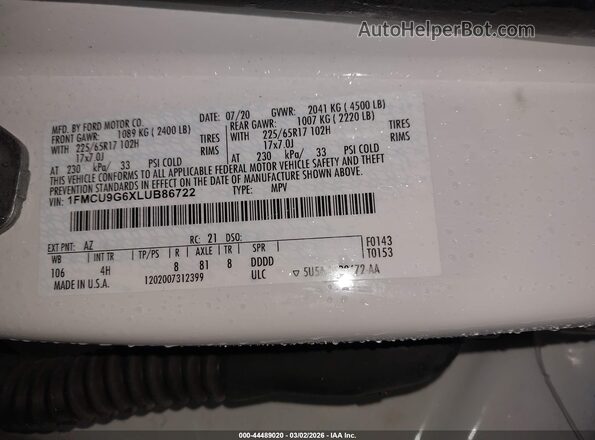 1FMCU9G6XLUB86722 2020 FORD ESCAPE White Вид підкапотного простору