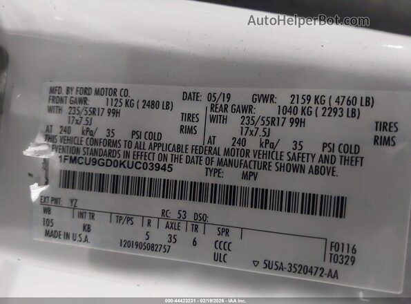 1FMCU9GD0KUC03945 2019 FORD ESCAPE White Widok komory silnika