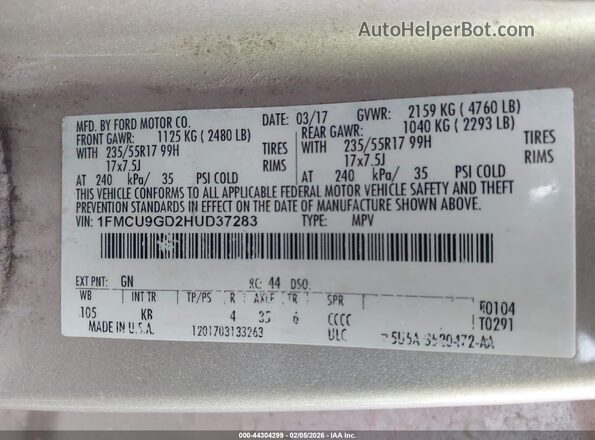 1FMCU9GD2HUD37283 2017 FORD ESCAPE Gold Շարժիչի բաժամունքի տեսք
